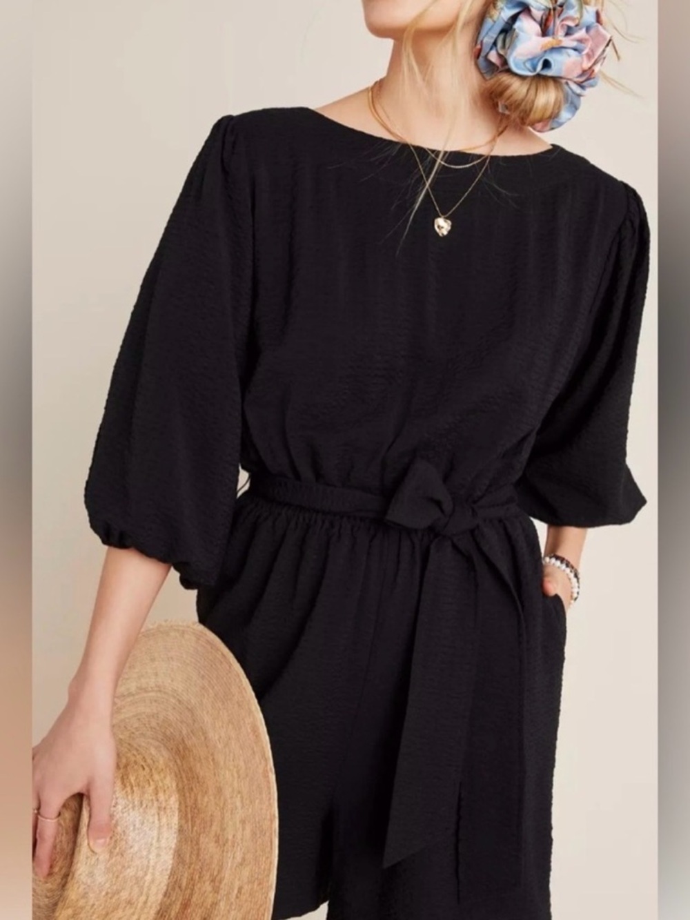 Anthropologie Francesca Balloon Sleeve Romper Elastic Waist (Small)